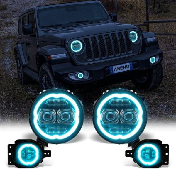 LED Headlights |   Color Chasing LED Headlight&Foglight Combo RGB Halo for Jeep Wrangler JL Sport Rubicon Sahara Gladiator JT Bluetooth App Control